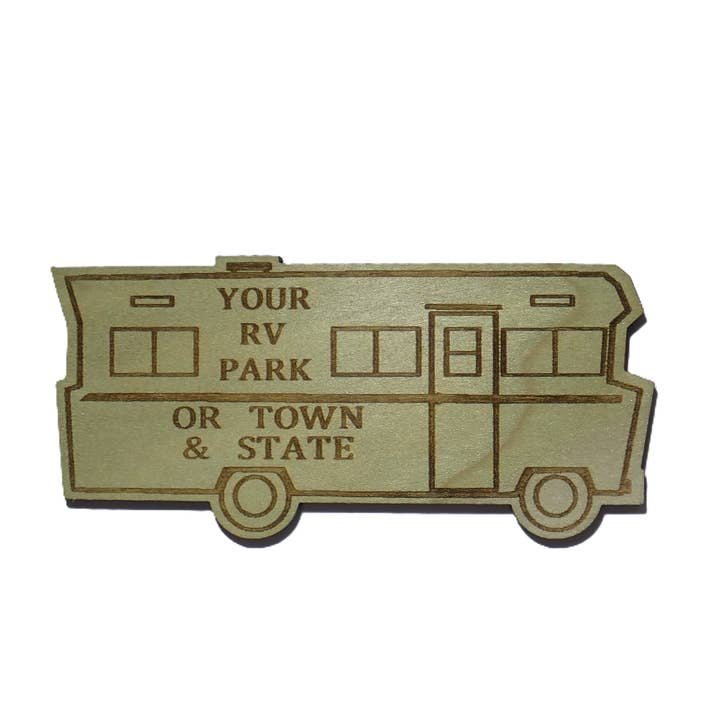 RV - Motorhome shaped wood magnet - customizable for wholesale by River's Edge Gourmet Foods