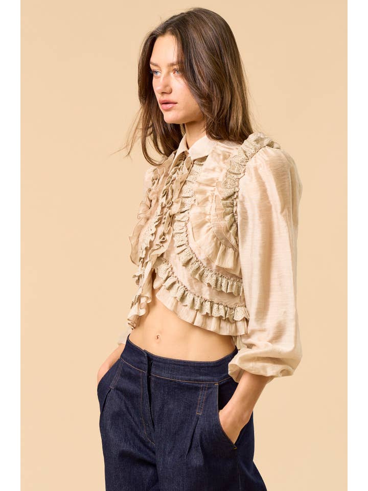TAN ILT6275 Ruffled Button-Down Cropped Blouse for wholesale on Faire