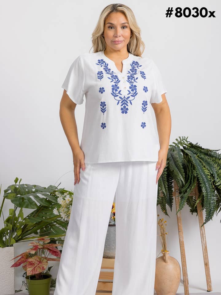 Plus Size Dam Broderad Topp och Byxor Set för wholesale av Fashion Space