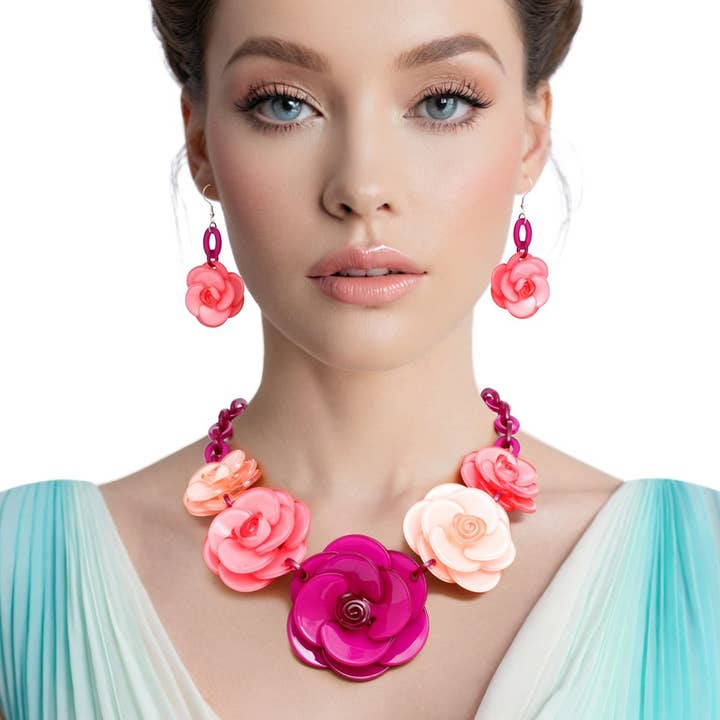 Fuschia Collar Fuchsia Chunky 3D Flower Link Necklace Set for wholesale on Faire