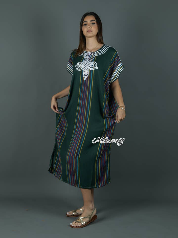 Melecraft - Vendita all'ingrosso Caftano - Donna - Caftano a righe marocchino per donna - Gandoura fatta a mano