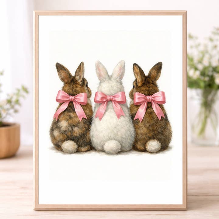 Three Bunny Wall Art – Cute Easter Rabbits with Pink Bows Watercolour Print Spring Nursery Cottagecore Decor for wholesale by WinsterCreations™