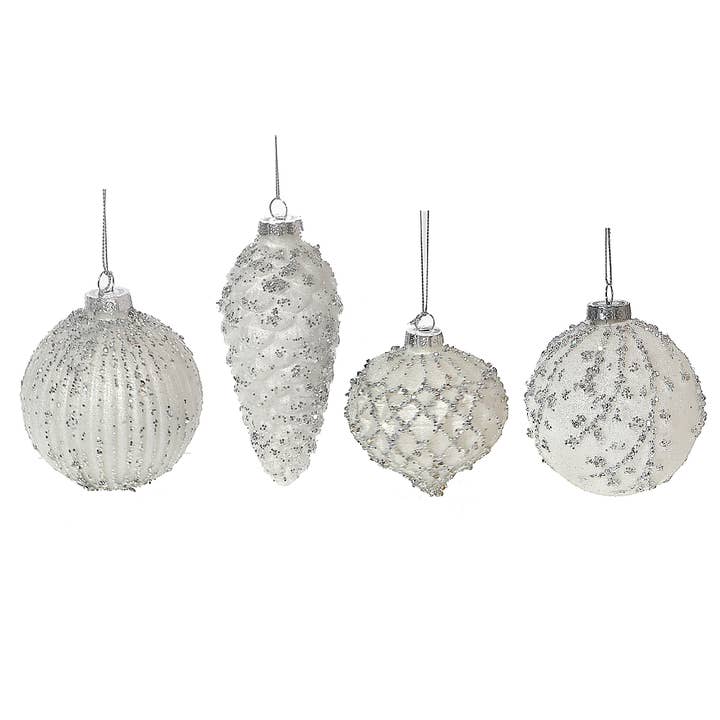 White Glass Ornament With Silver Glitter Asstd 12/Display for wholesale on Faire