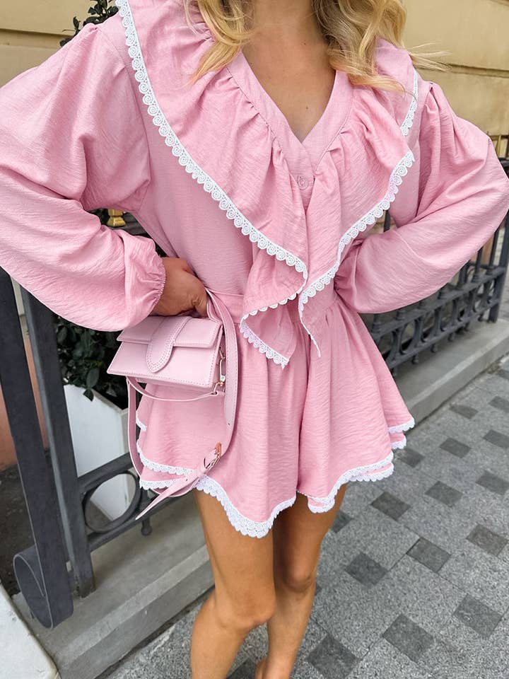 Lace Ruffle Top Shorts Stylish French Sleepwear Set for wholesale by Rosa Clothing