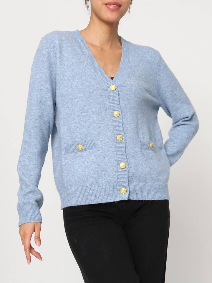 Fine Knit Cardigan with Gold Buttons – V-Neck & Patch Pockets for wholesale by DIX-ONZE