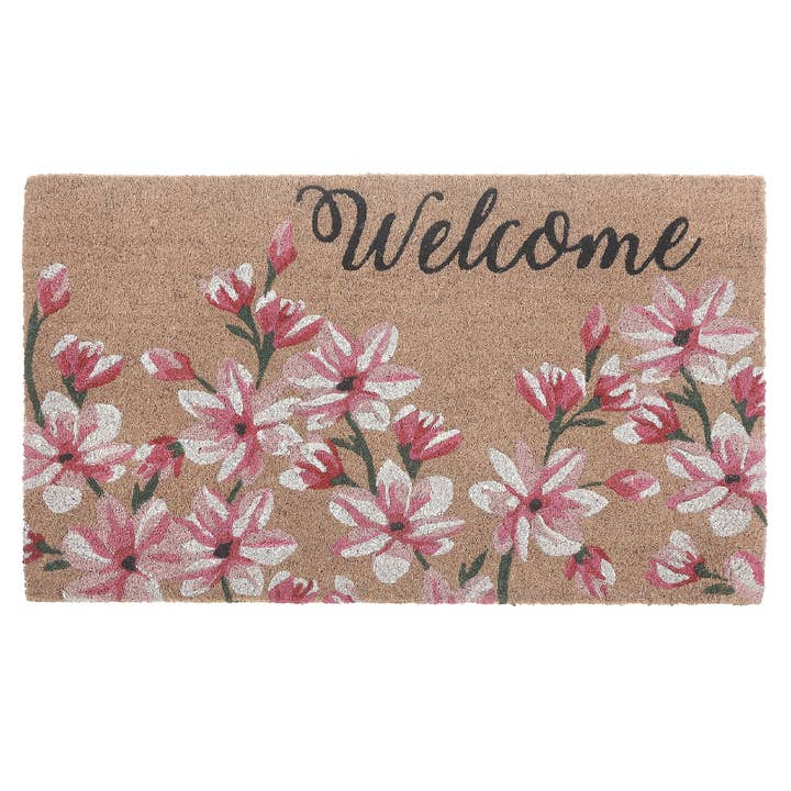 Black Coir Door Mat Magnolia Blossom Welcome for wholesale on Faire