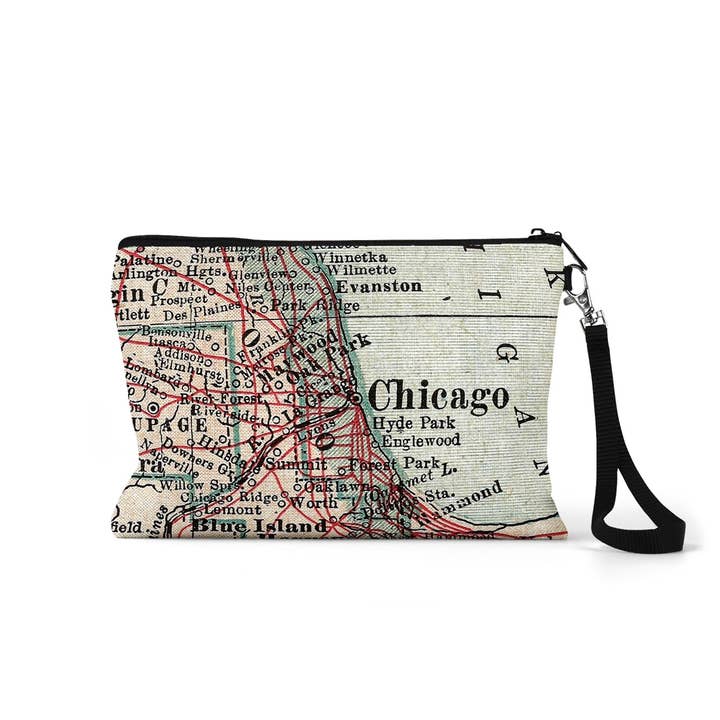 Chicago Illinois Map Wristlet Zipper Pouch Makeup Bag for wholesale by Daisy Mae Designs