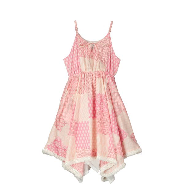 Handkerchief hem dress in pink patchwork print for wholesale by Poppet & Fox
