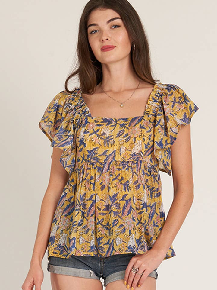 Top à encolure carrée et manches volantées avec rayures en lurex pour la vente par En Crème