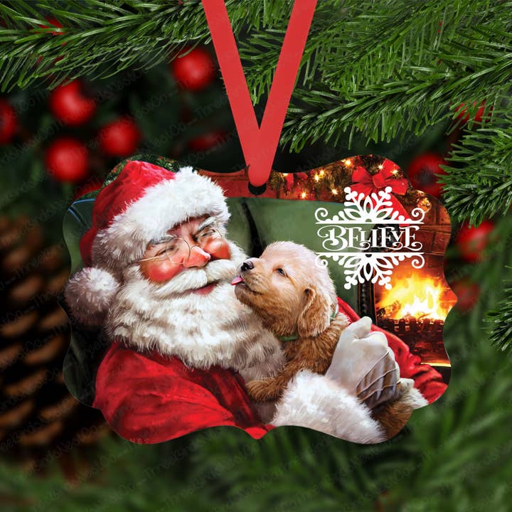 Santa and Golden Retriever Dog Believe Christmas Ornament for wholesale by Three Birds Nest Company