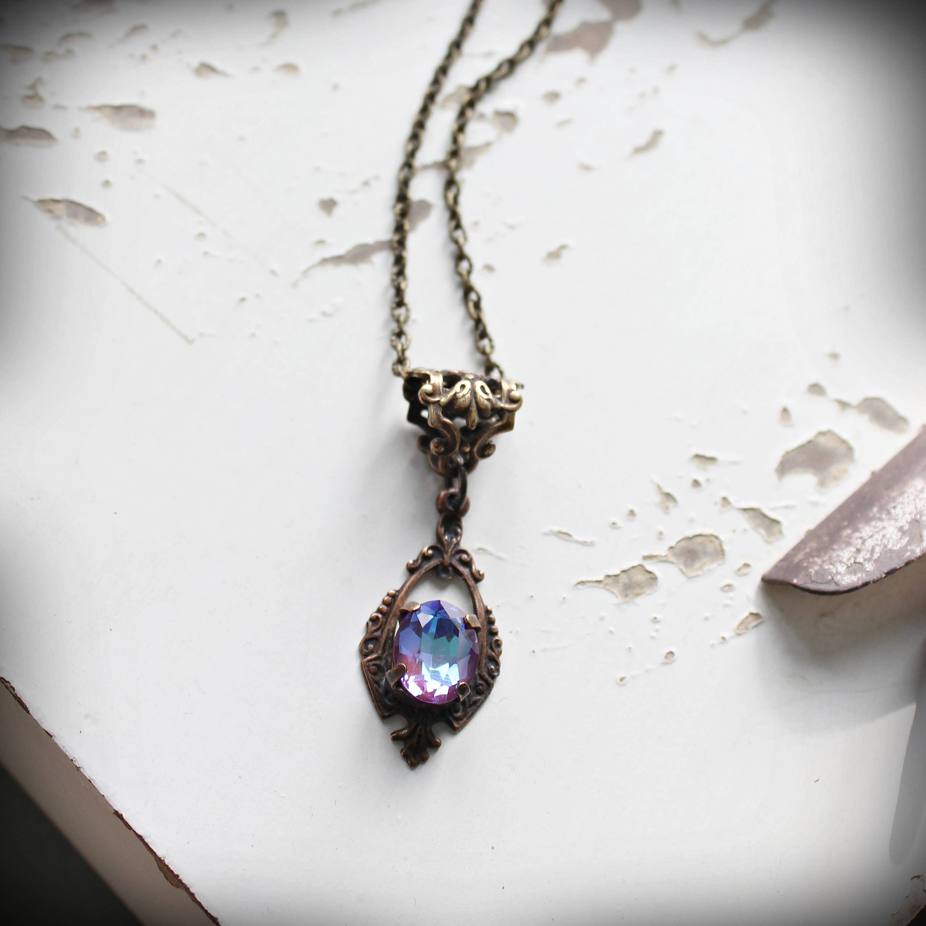 Circa 1890 - Wholesale Pendant/Charm Necklace - Misty Blue Violet Edwardian Style Crystal Necklace6