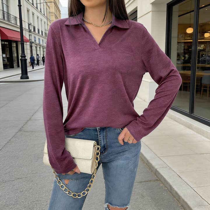 Long-sleeved solid-color collarless loose Top for wholesale by Lily Clothing