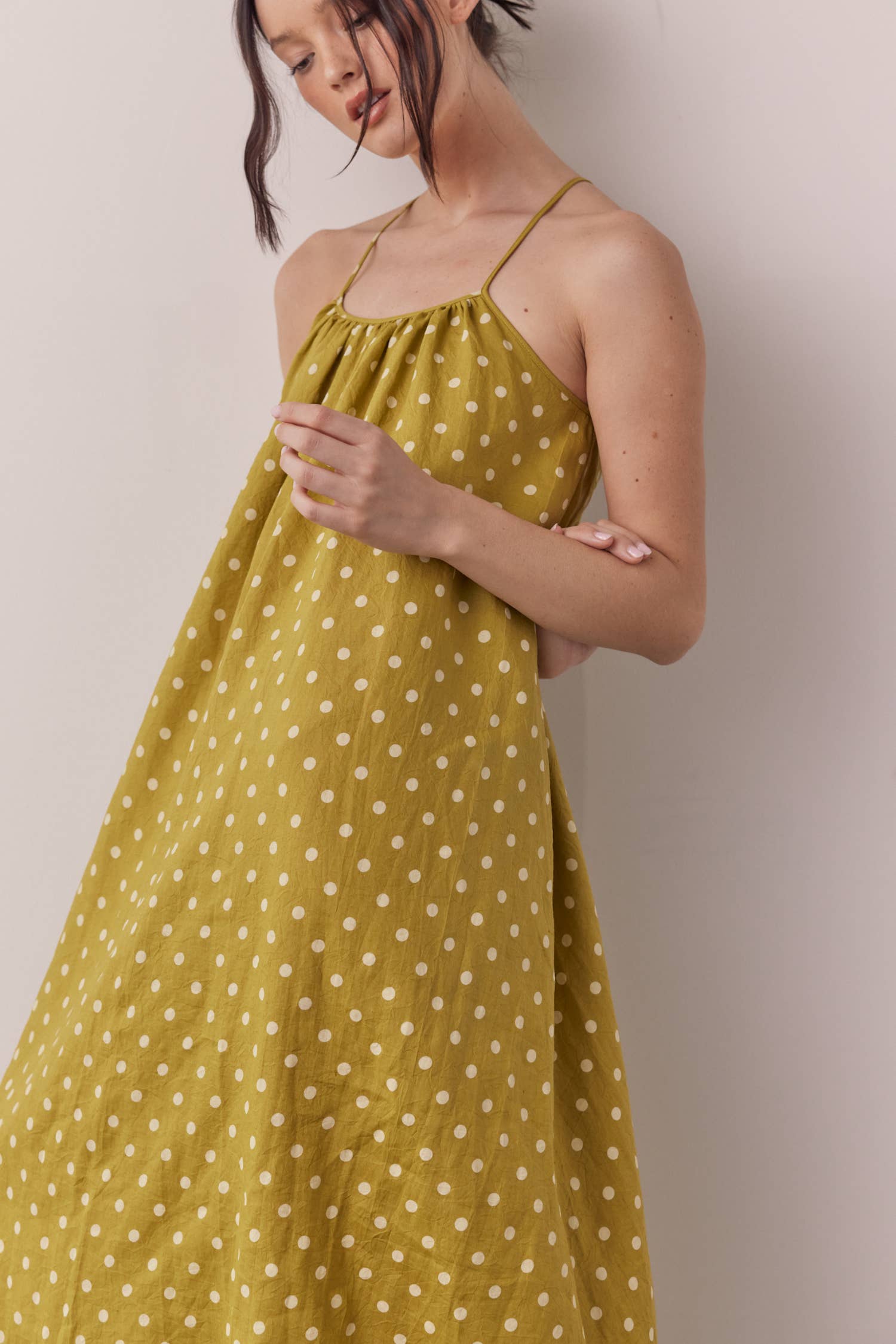 Moss Linen Polka dot back tie ankle dress for wholesale on Faire3