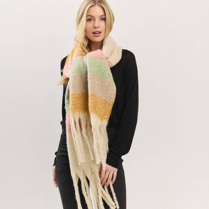 Hana - Wholesale Scarf - Women's - Multi Color Striped Brushed Fringed Winter Scarf19