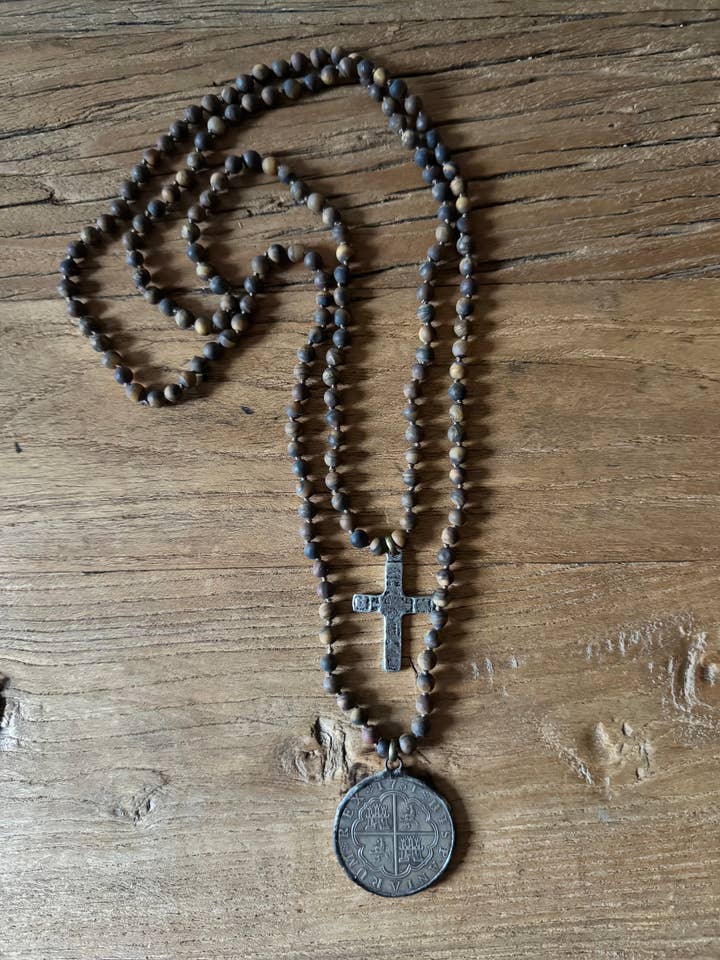 Old World Coin & Cross Wrap Necklace for wholesale by Funky Trunk Vintage Designs