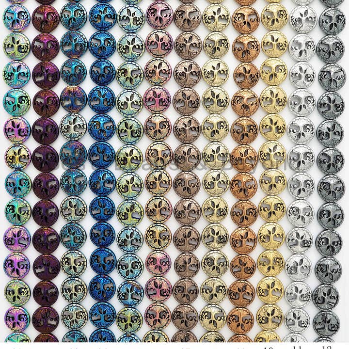 NEW Style Coin Shape Peace Tree Pattered Hematite 12mm Beads, Blue/Green/Rainbow Color Hematite, 15inch FULL Strand, SKU#U428 for wholesale by BestBeads&Beyond
