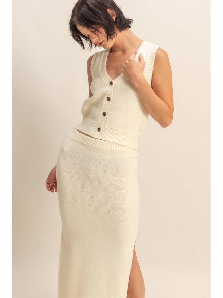 Button Front Vest & Midi Skirt Knit Set for wholesale by HYFVE