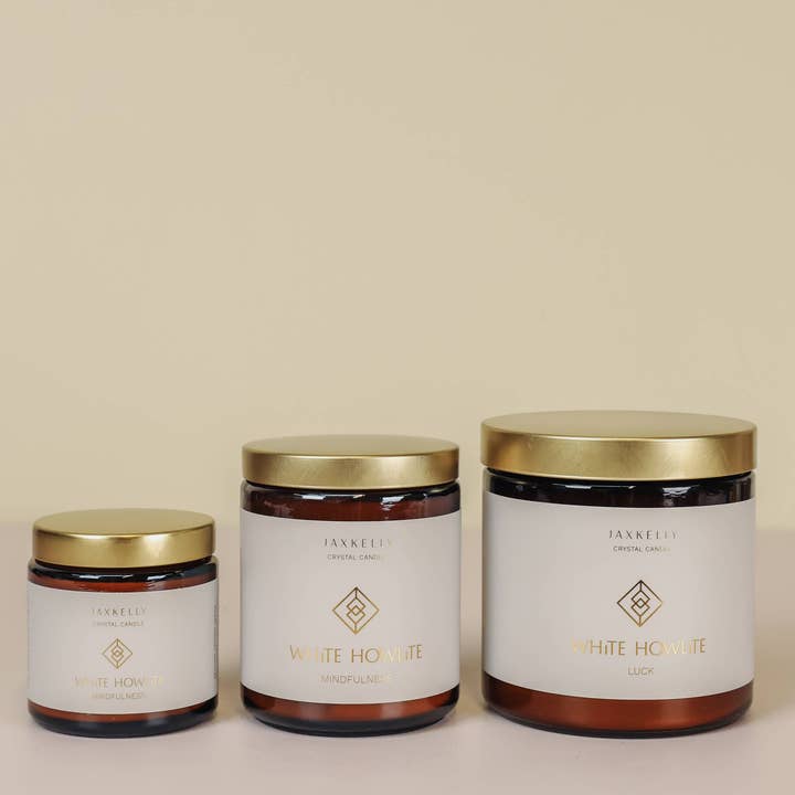 JaxKelly Candles - Wholesale Jar/Filled Candle - 9oz Amber Crystal Candles - White Howlite - Mindfulness2