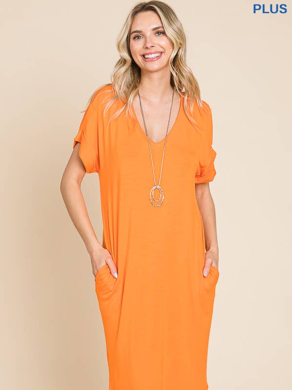 CAD1045X - RELAXED V NECK ROLL OVER SLV T-SHIRT DRESS for wholesale by Culture Code