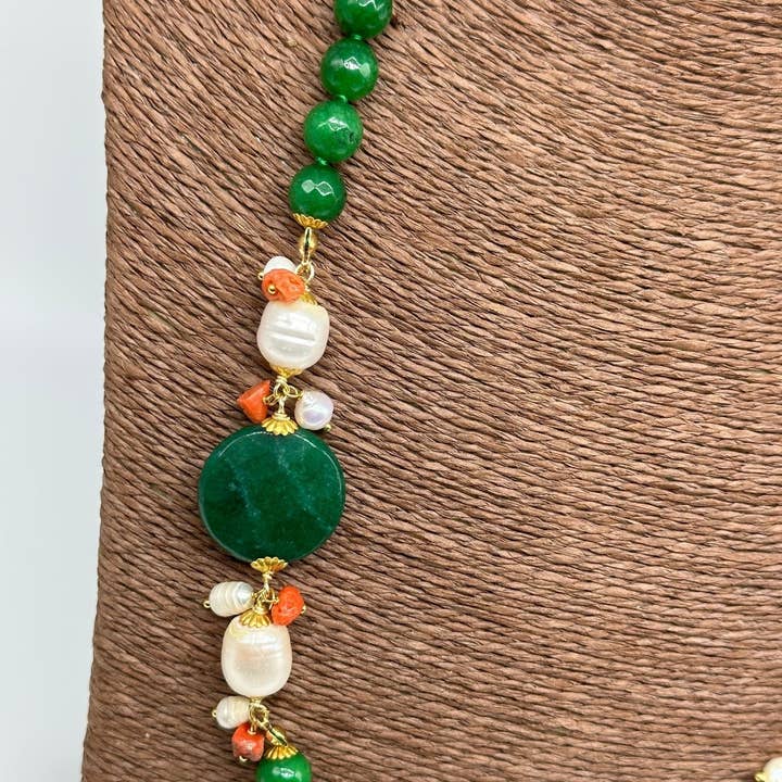 DD Ceramiche Siciliane - Wholesale Beaded/Pearl Necklace - Handcrafted Necklace with Green Stones, Coral and White Pearls V.11