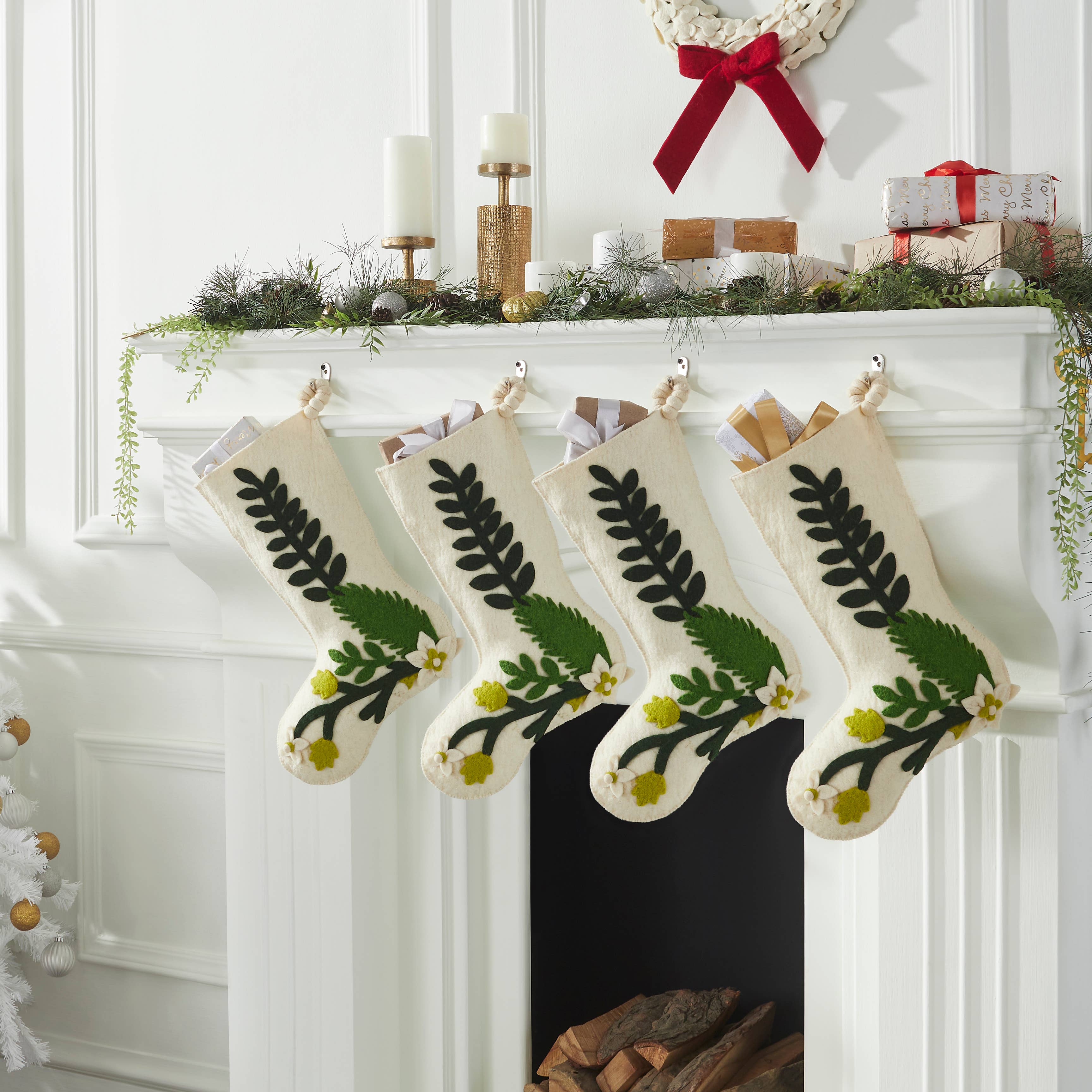 Arcadia Home - Wholesale Holiday Stocking - Green Leaves on Cream Handmade Christmas Stocking, Classic1