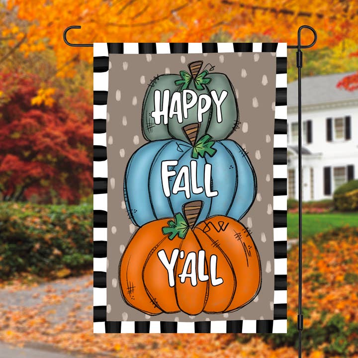 Happy Fall Y'all Pumpkin Stack Garden Flag for wholesale by Painted Skies