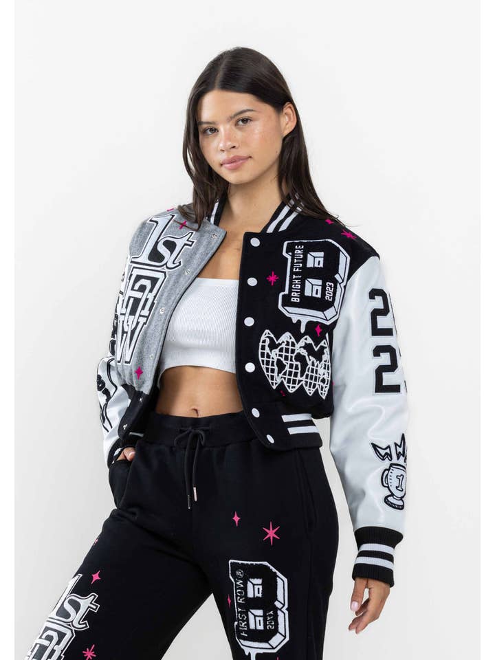 BLACK BRIGHT FUTURE CROPPED VARSITY JACKET for wholesale on Faire1