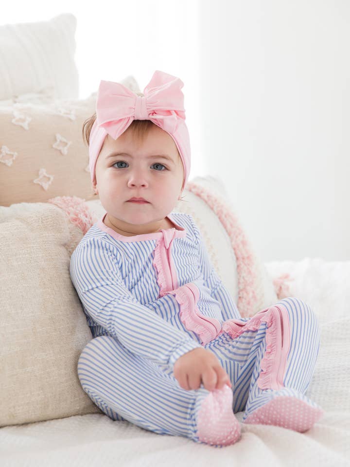Baby Girls Periwinkle & White Micro Stripe Bamboo Viscose Footed Ruffle One Piece Pajama
for wholesale on Faire