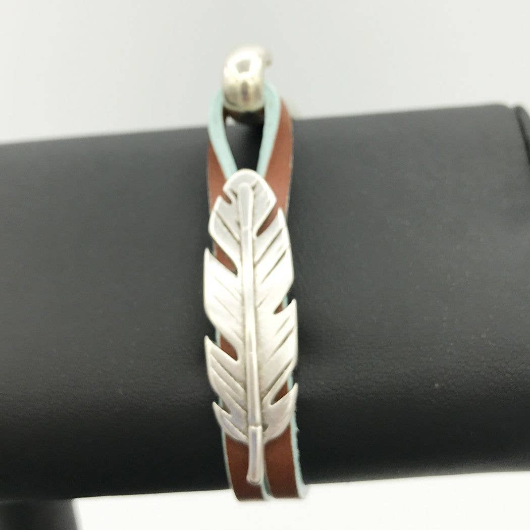 Montana Leather Designs - Wholesale Cuff Bracelet - HC Feather - Silver3