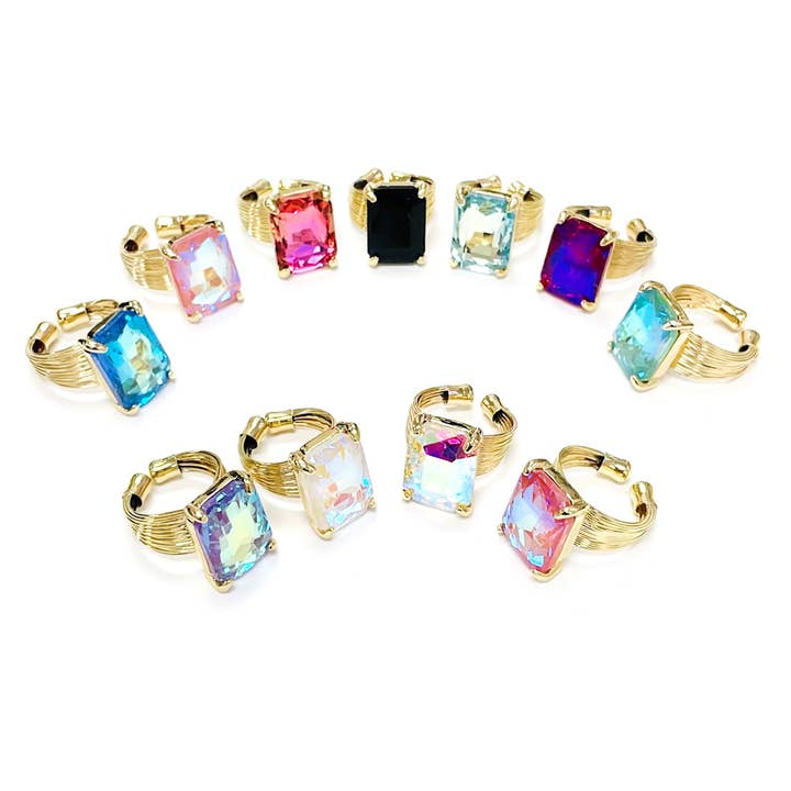StarryNYC - Wholesale Cocktail/Statement Ring - Square Glass Cushion Cut Cocktail Adjustable Wire Ring