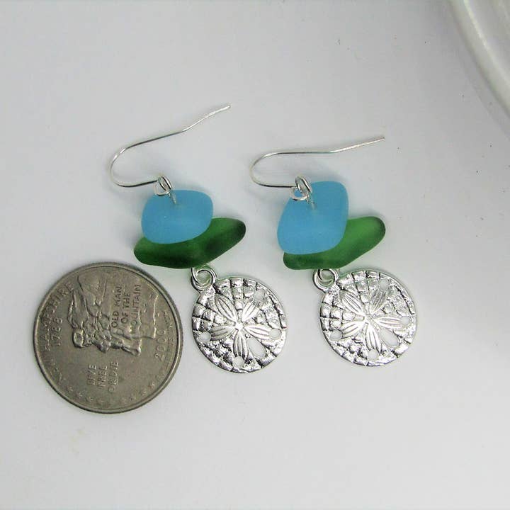 Bad Apple Designs - Wholesale Dangle Earrings - Frosted Sea Glass Earrings: Silver Sand Dollar Dangles #25