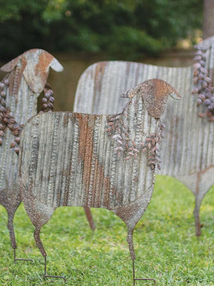 SET OF THREE CORRUGATED METAL CHRISTMAS SHEEP YARD ART for wholesale by Kalalou