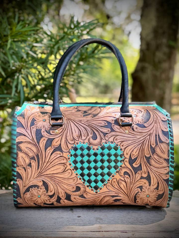 Tooled Leather Turquoise Black Checkered Heart Speedy Bag for wholesale by Southern Junkie Gypsy Boutique