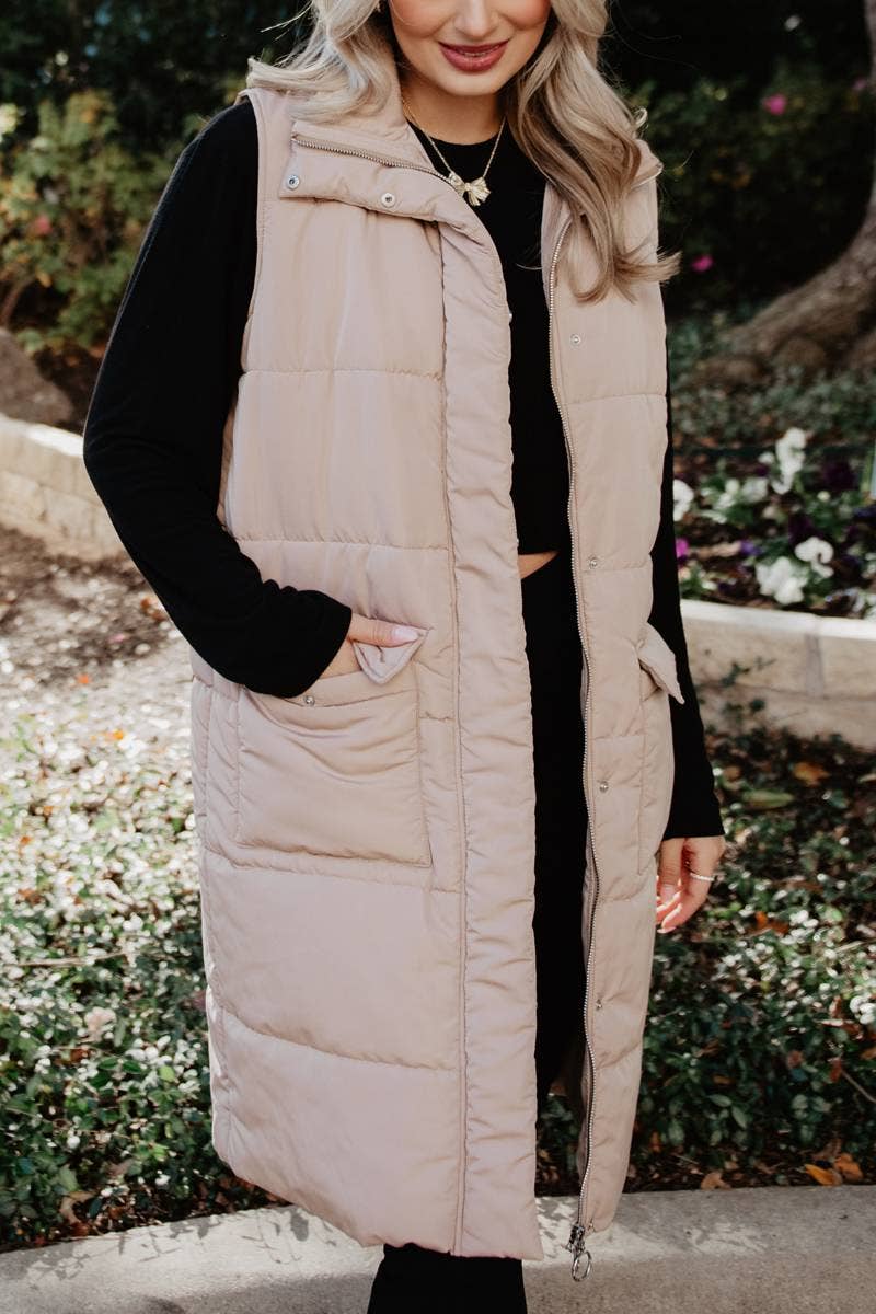 Tan Long Puffer Wholesale Vests (Tan) for wholesale on Faire5