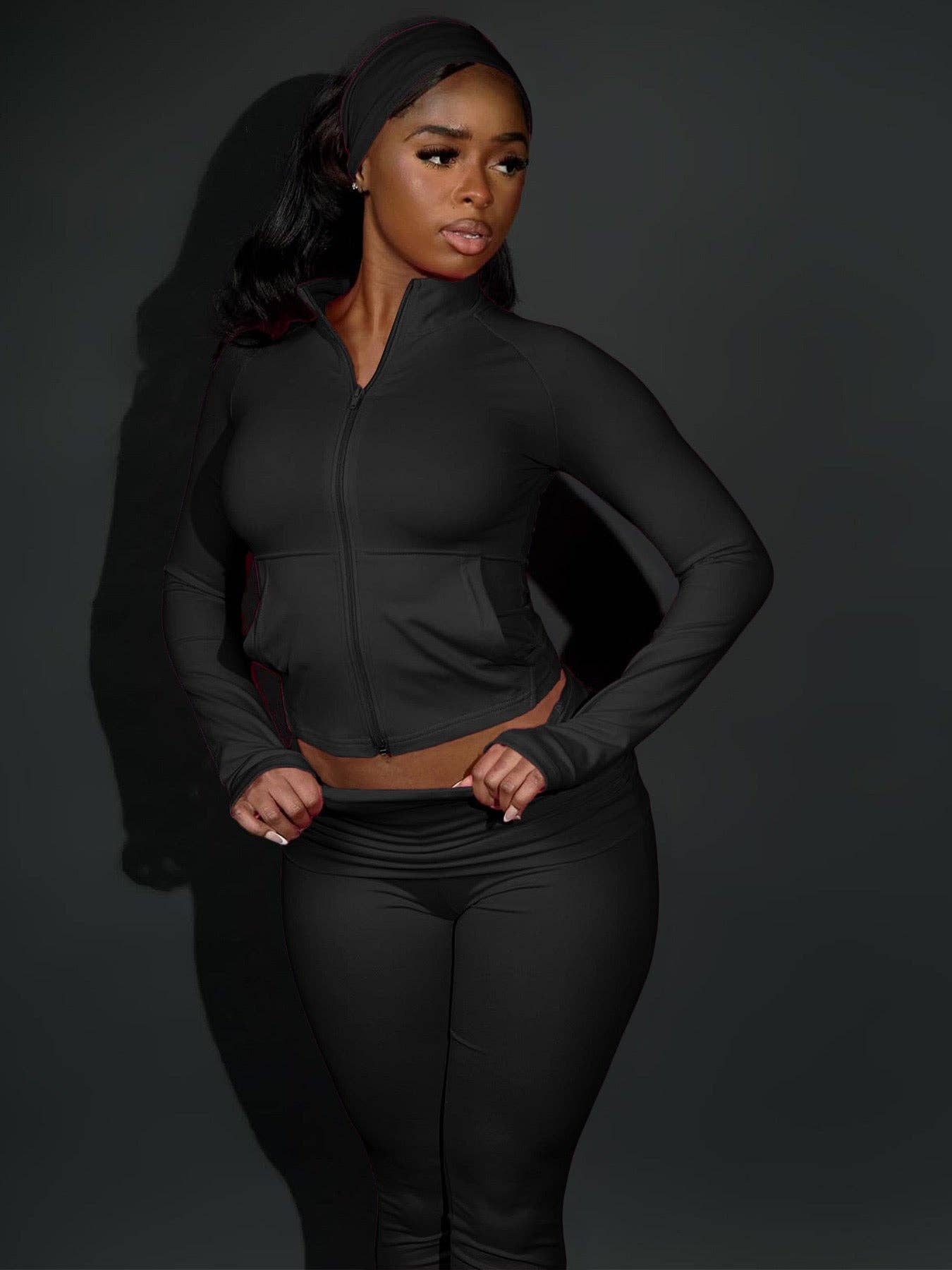 MB Fashion Wholesale - Wholesale Activewear Set - Women's - MB FASHION Three-Piece Activewear Zip-Up Set with Headband 508815