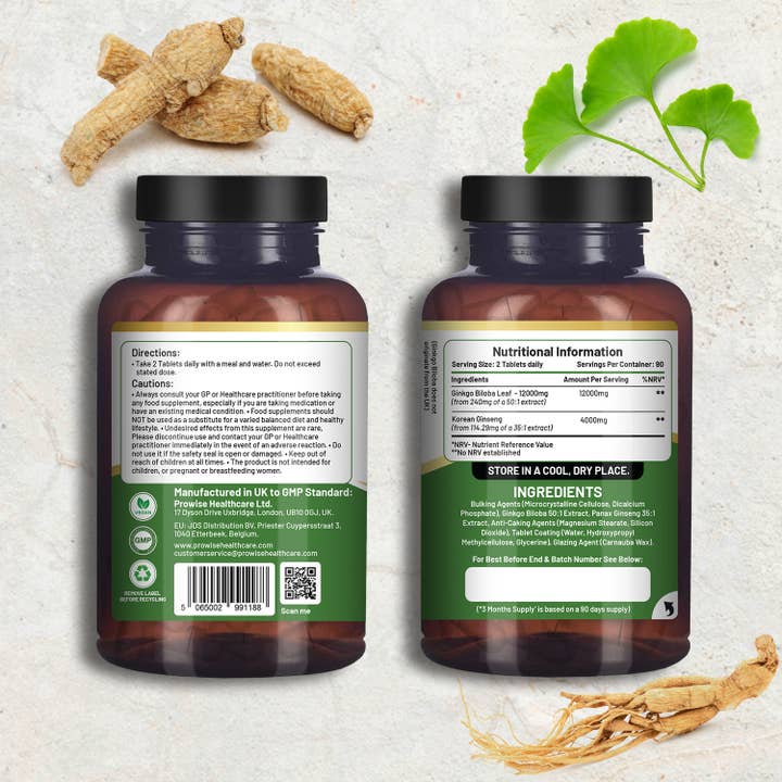 Prowise Healthcare - Wholesale Oral Supplement/Vitamin - Ginkgo Biloba and Korean Ginseng Tablets 16000mg 180 Vegan 1