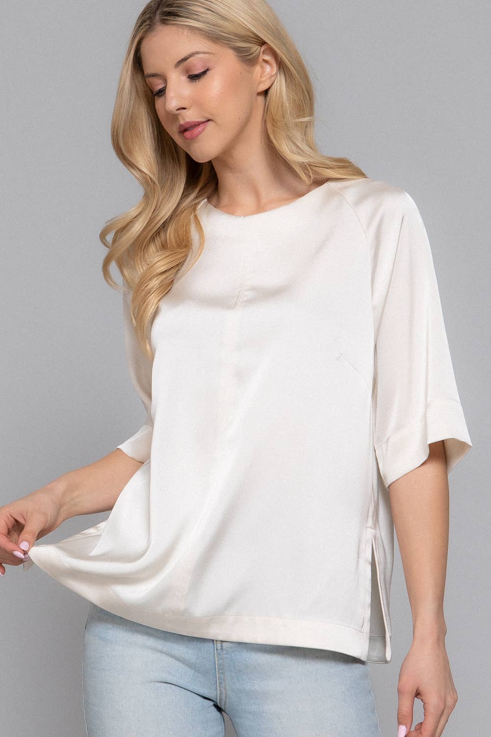 Active Basic | Active USA - Wholesale Blouse - Women's - Raglan Elbow Sleeve Side Slit Back Closure Satin Blouse6