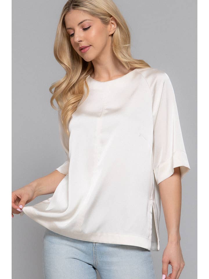 Active Basic | Active USA - Wholesale Blouse – Women’s - Raglan Elbow Sleeve Side Slit Back Closure Satin Blouse6