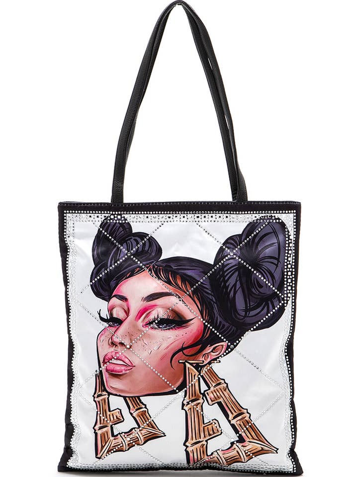 Crystal Embellished Cool Girl Print Top Handle Tote Bag for wholesale by Artini Accessories