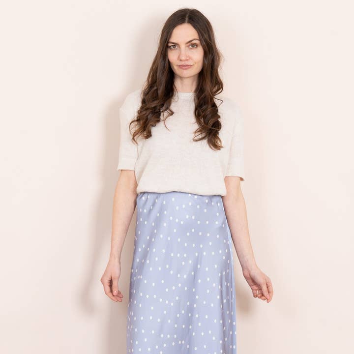 Cassie Midi Slip Skirt - Denim Blue/White, Polka Dot for wholesale by Sarta