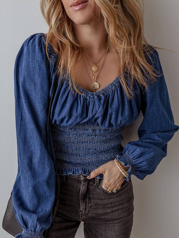 Dark Blue Smocked Ruffled Puff Sleeve V Neck Denim Blouse for wholesale by Lovesoft
