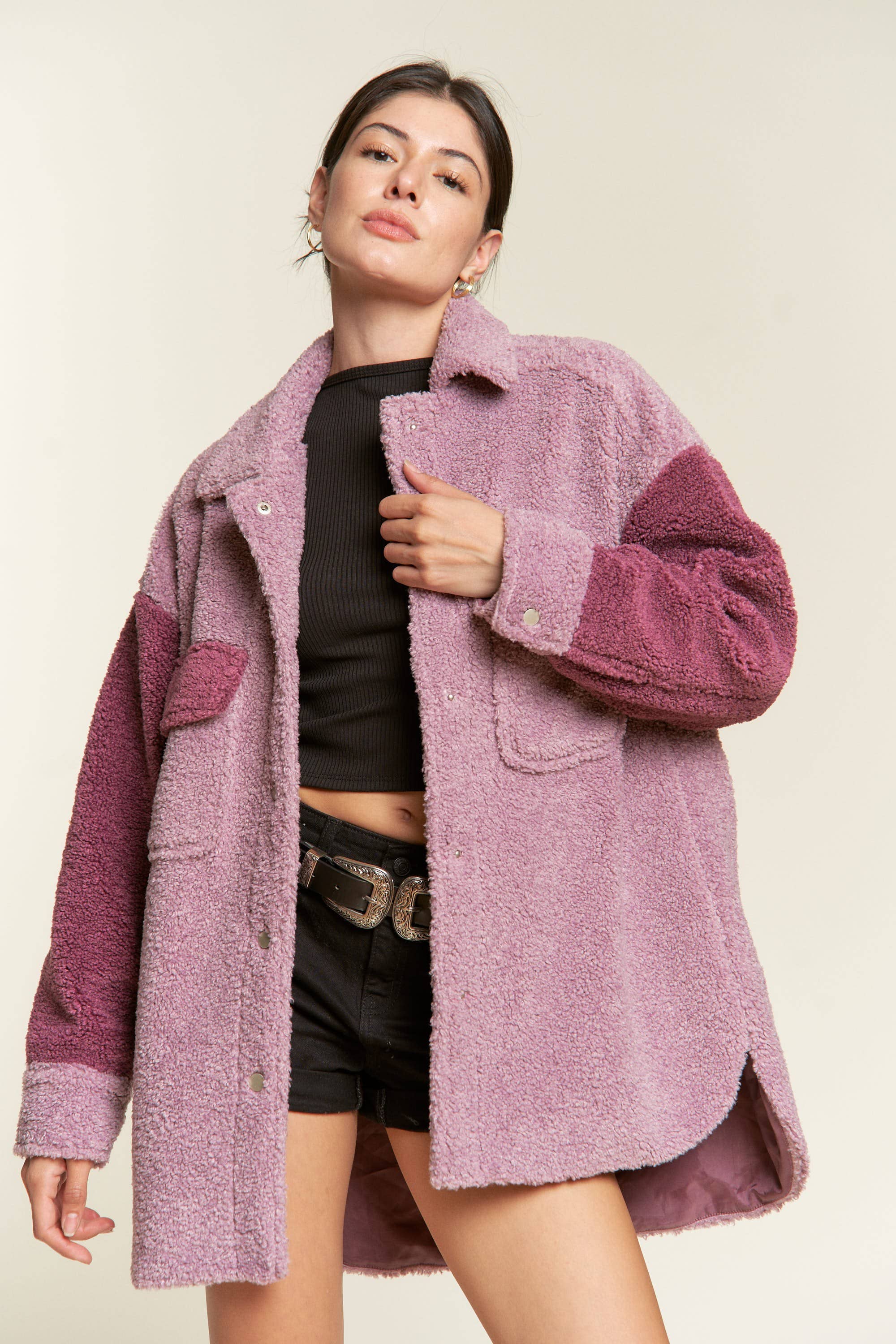 JADE BY JANE PLUS – Casaco camiseiro – Mulher por atacado – Casaco Sherpa Colorblock (Tamanho grande)5