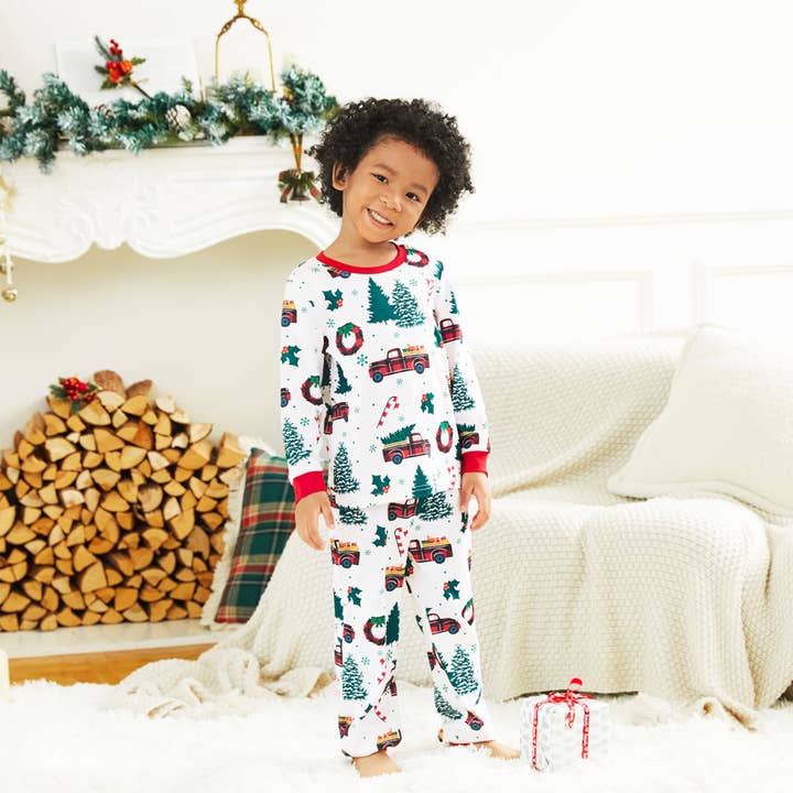 Multi Colored Christmas Family Allover Xmas Tree & Car Print Pajamas Set for wholesale on Faire