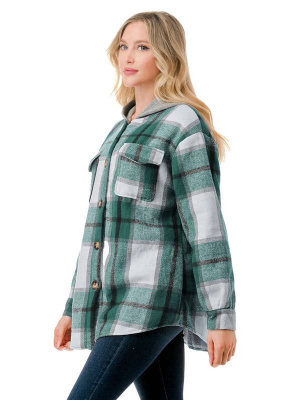 Color 5 - Wholesale Sweatshirt - Women's - Fur lined green white plaid flannel shacket w/hoodie pocket