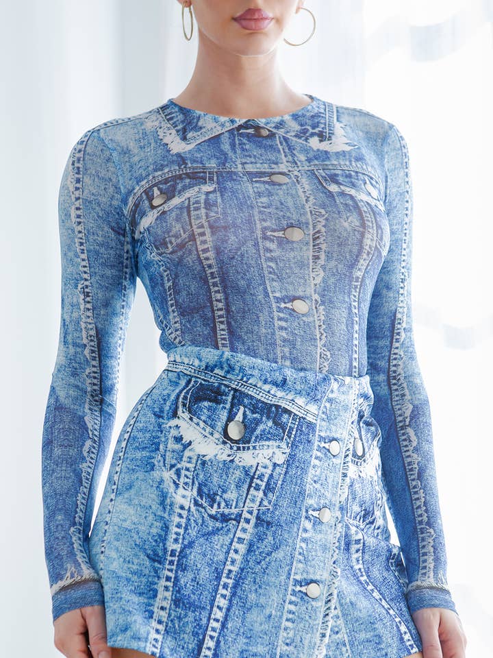 BT5901BP2665-SET_Denim Bedruckter Body & Skort Set für den Großhandel von Her Bottari