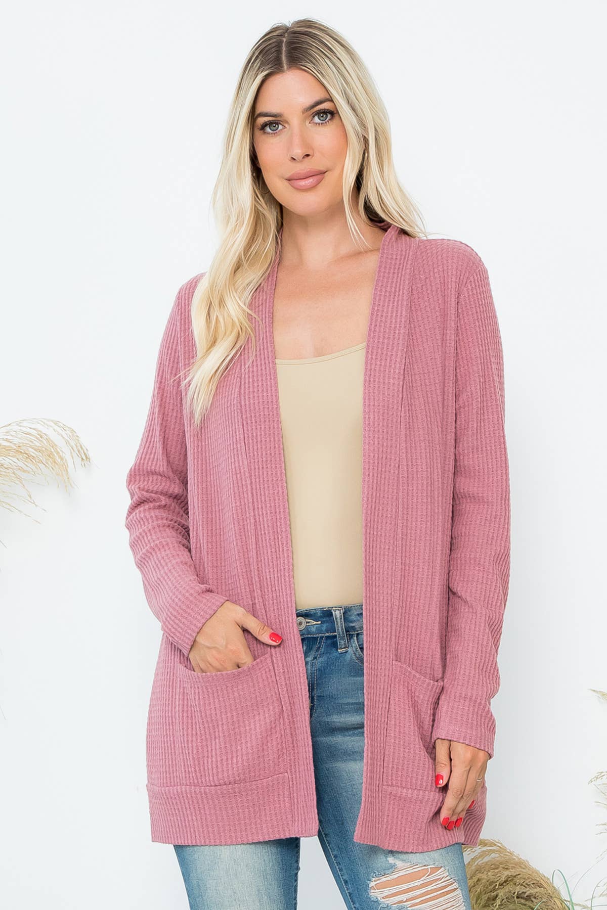 You & Me – Großhandel Strickjacke – Damen – GEBÜRSTETER WAFFEL LANGARM SEITENTASCHEN OFFENE FRONT STRICKJACKE2