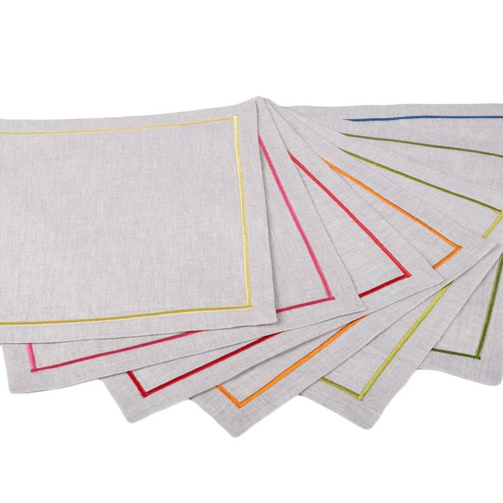 Linen Cocktail Napkins With Embroidery Borders, Set of 4 for wholesale by Chouchou Touch