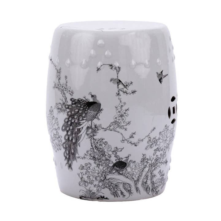 White Garden Stool Ink Black Peacock Motif for wholesale by Legend Accents