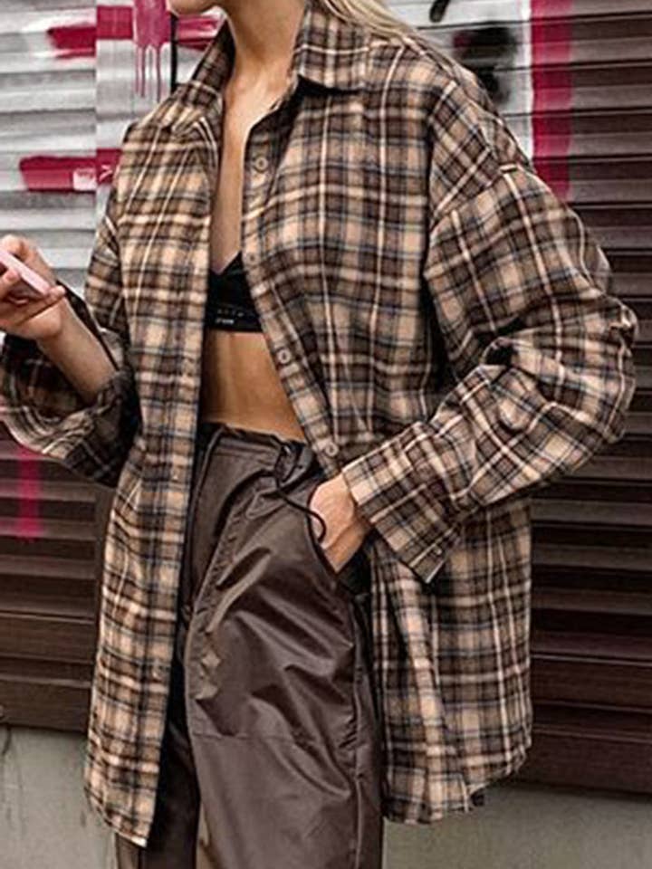 KHAKI Chic Plaid Shirt for Effortless Style for wholesale on Faire0