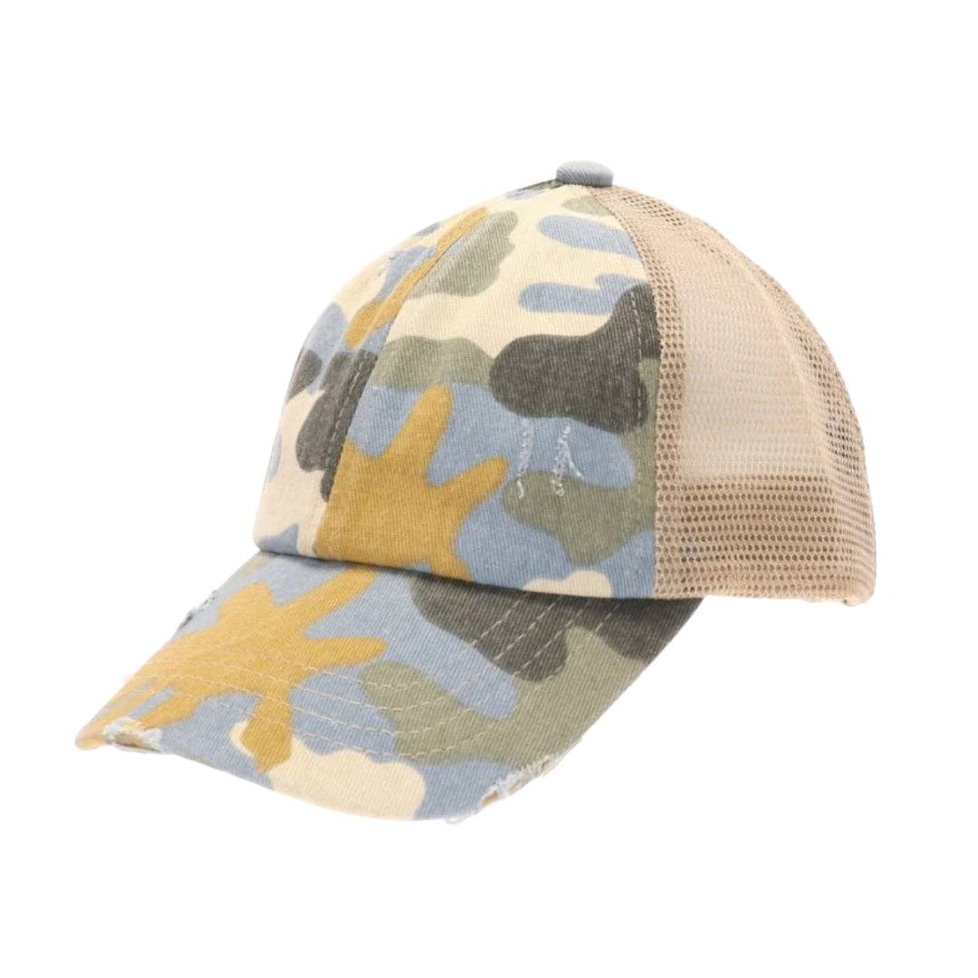 C.C Beanie – Engroshandel Baseballkasket - Til børn – BØRN Slidt Camouflage Kryds-og-tværs Høj Hestehale CC Kasket KIDSBT7830